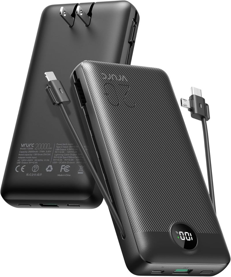 VRURC Portable Charger 20000mAh, Fast Charging Power Bank USB C,4 Output 2 Input Travel Essentials Charging Bank Equipped with LED Display,Built-in Wall Plug and Cables,Phone Charger Battery,Black - Image 1